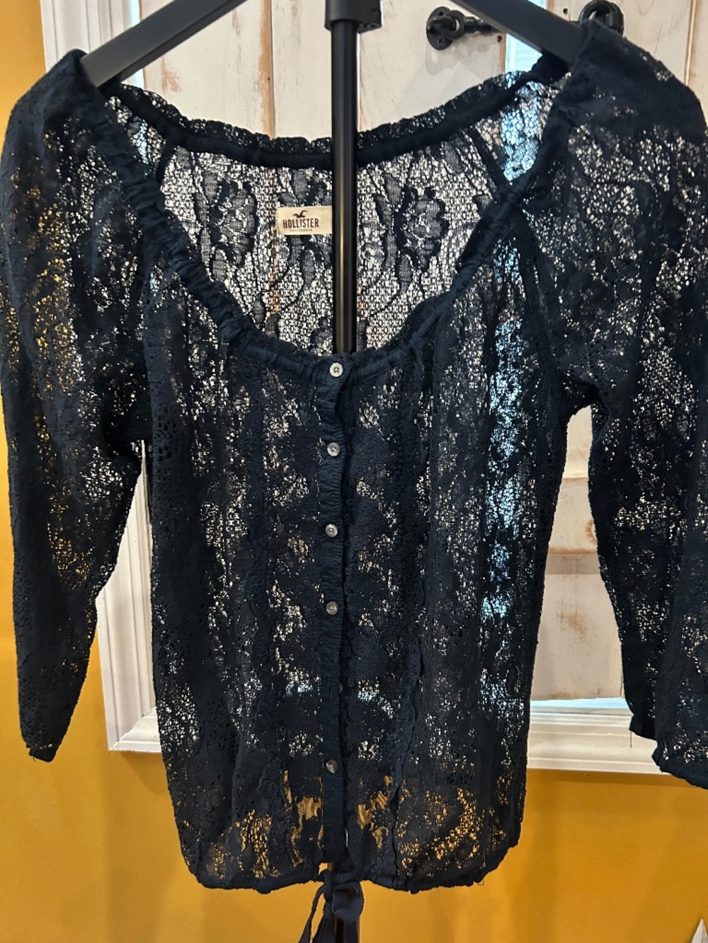 Hollister Navy Blue Lace Off Shoulder Button Front Blouse Size XS